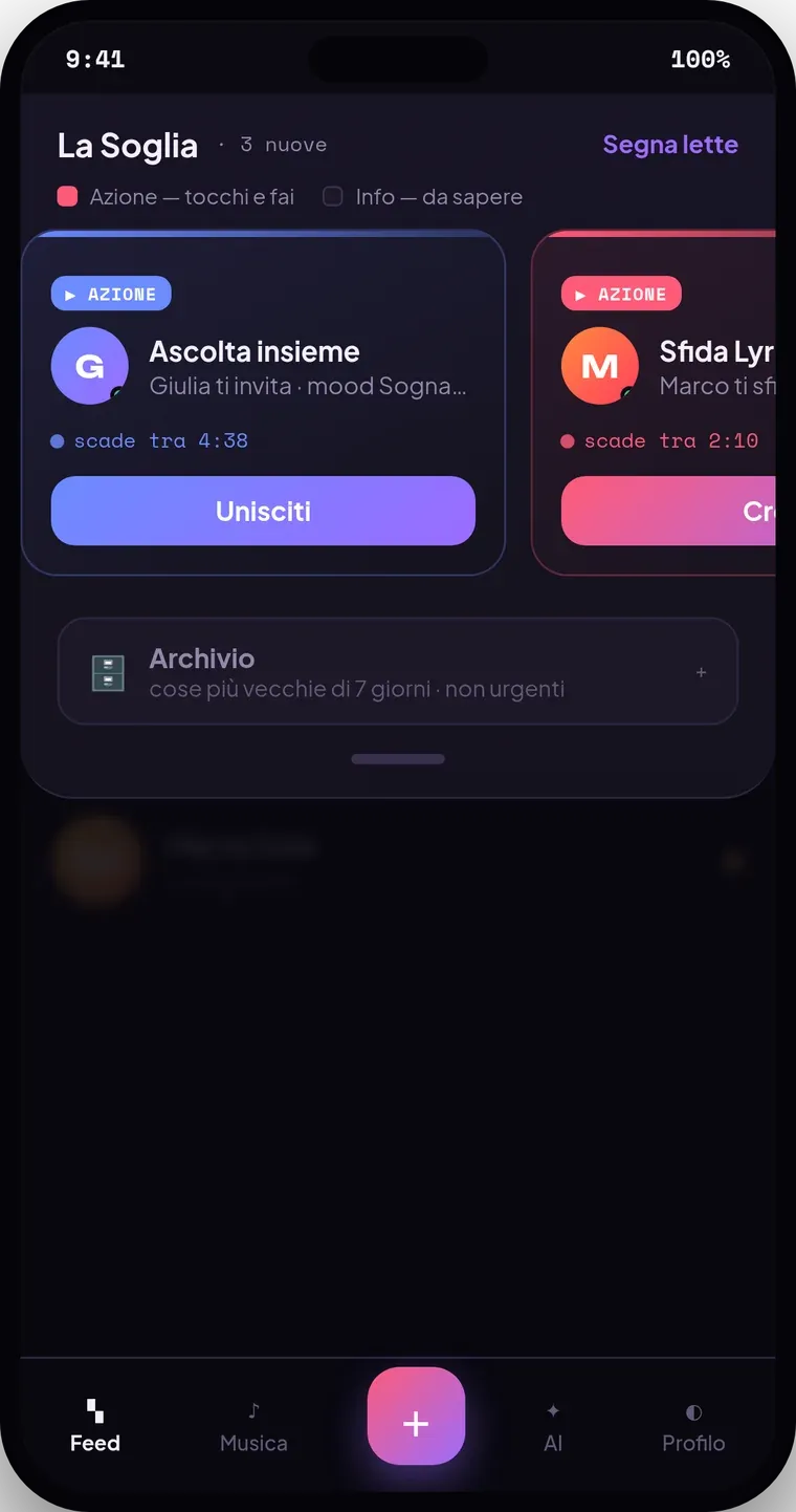 La Soglia: pannello notifiche con le azioni in alto e le informazioni sotto